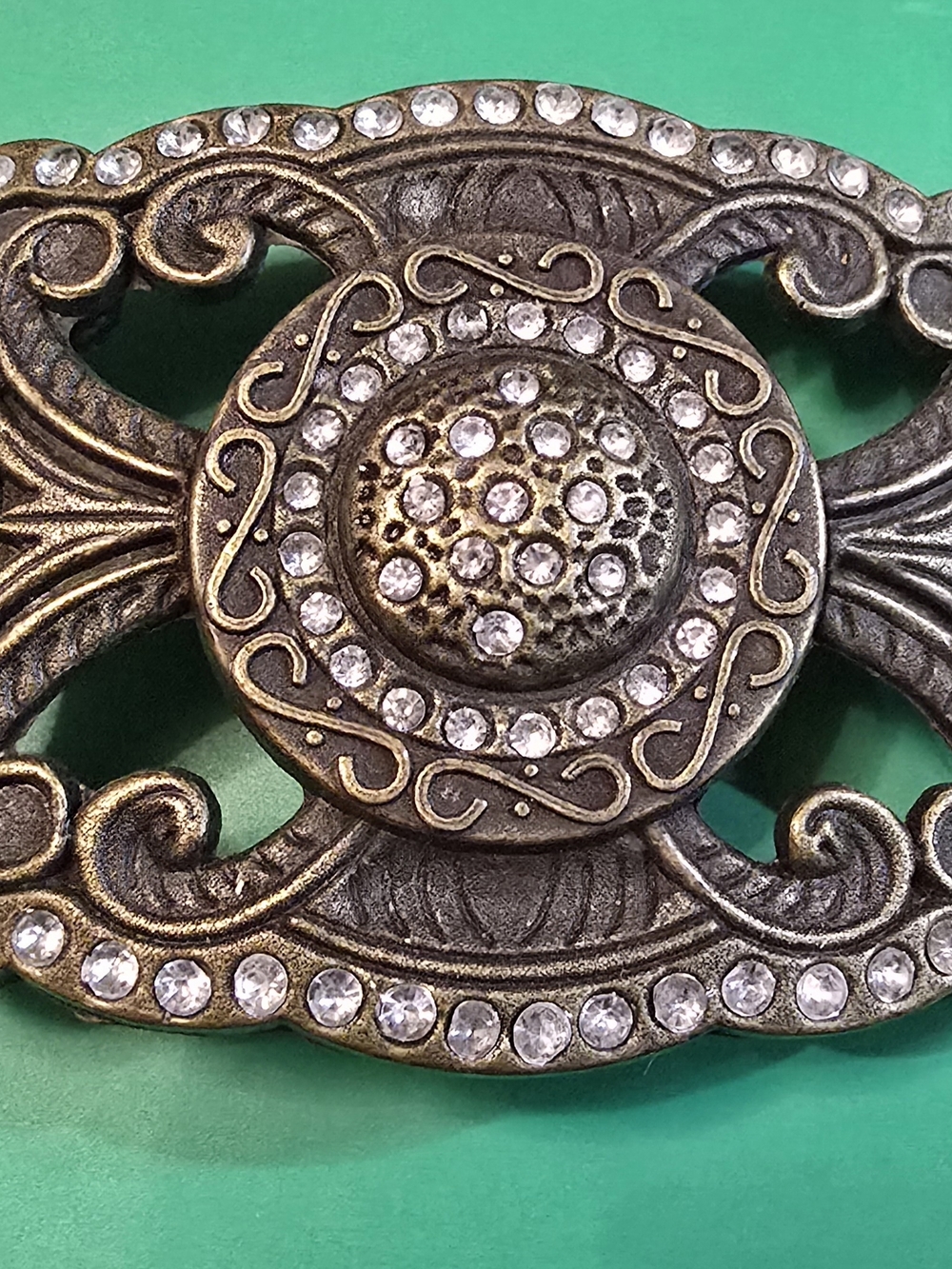 Antique-Style Ornate Bronze Belt Buckle with Clear Crystal Accents - Bronze